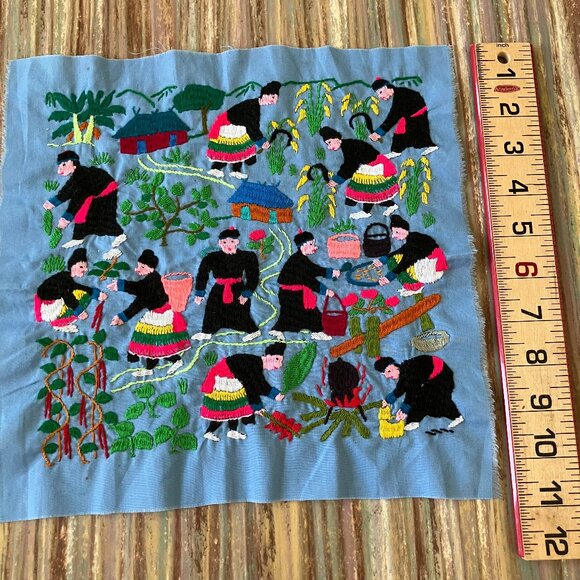 Hmong Story Cloth Hand Embroidered Fabric Square Village Farm Harvest Folk Art - Picture 2 of 3